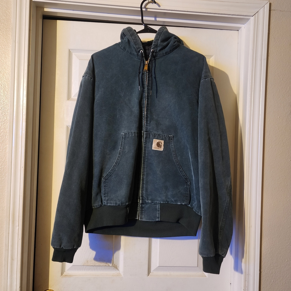 Vintage Carhartt Quilted Teal Green Work Jacket Bomber Hoody Large MINT